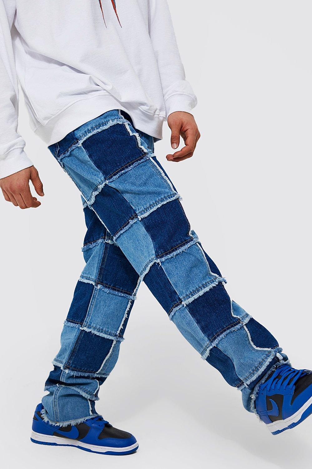 Relaxed Fit Multi Square Patchwork Jeans | boohooMAN UK